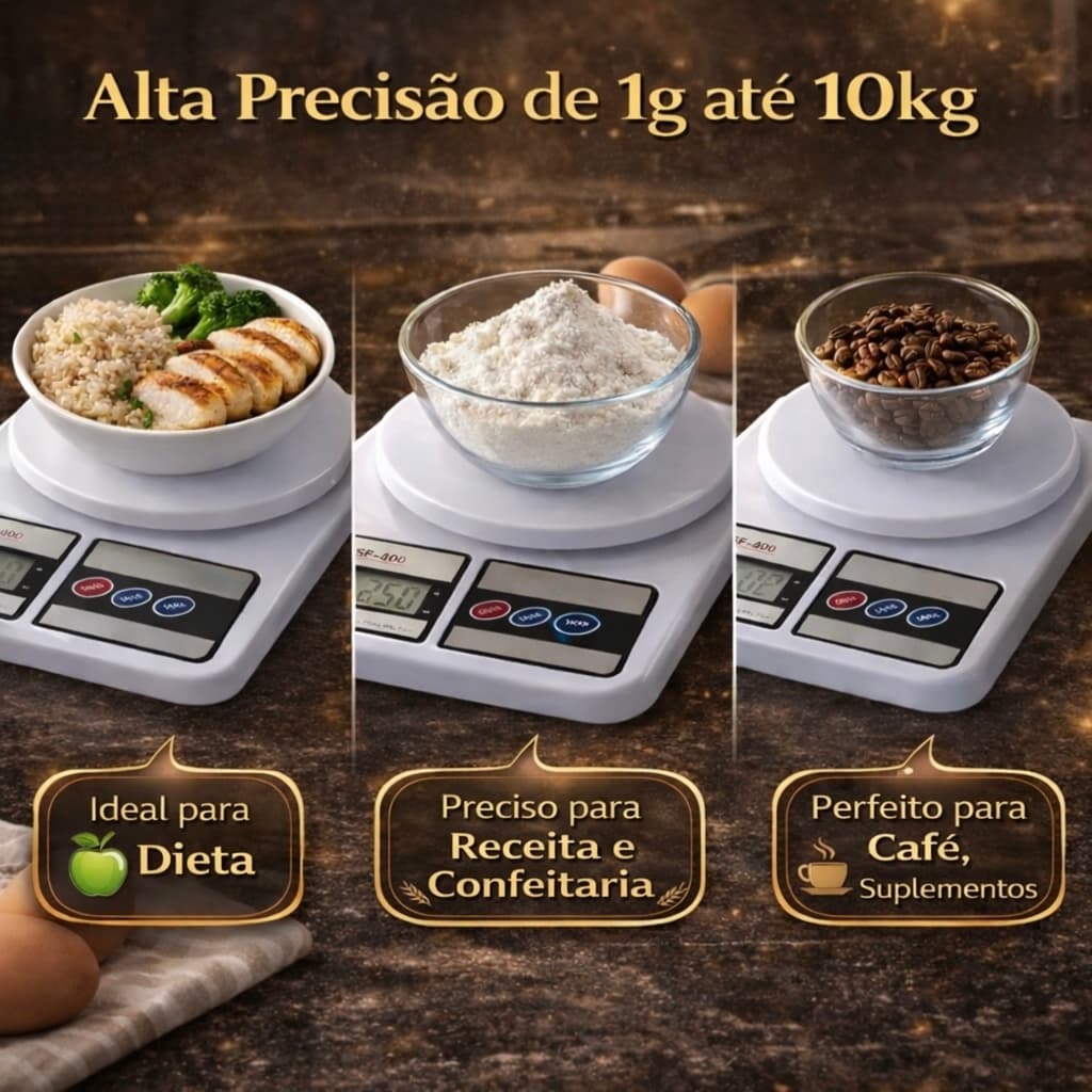 Balança Digital de Cozinha - 10kg Alta Precisão | Função Tara | Dieta Fitness | Confeitaria Receita