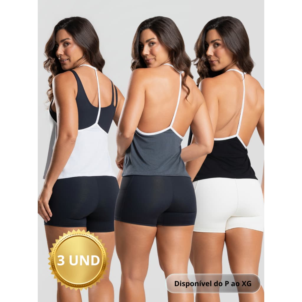 Kit 3 Regatas Feminina Decote Costas Massam Fitness