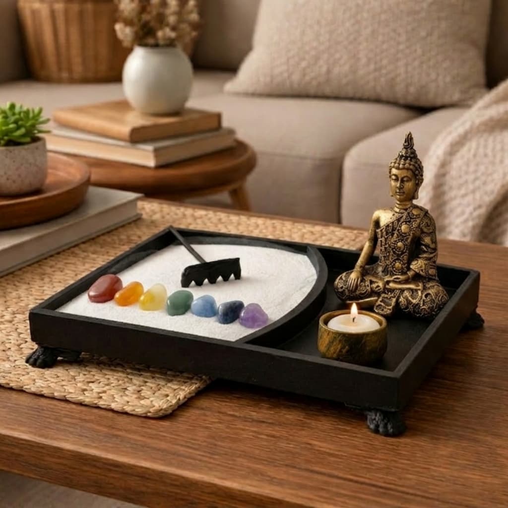 Jardim Zen Decorativo Com Areia Rastelo Porta Vela Buda Pedras Chakra Decoração Relaxante