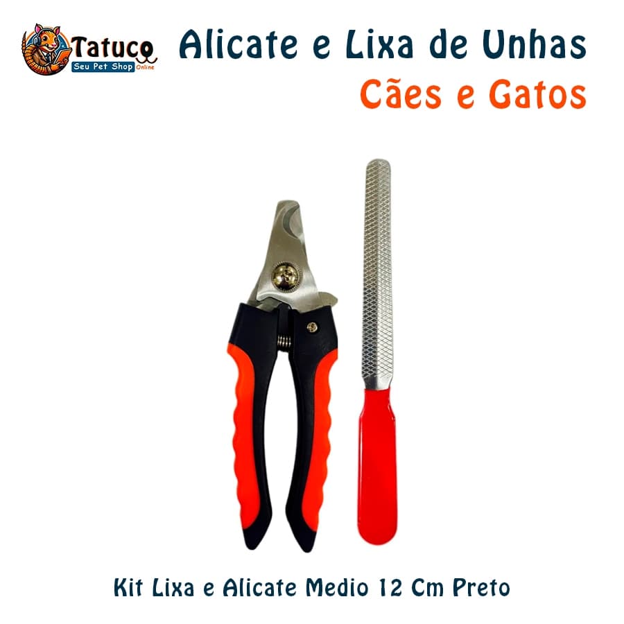 Kit Lixa e Alicate Cortador De Unha Pet Shop Cães Cachorro Gato 12 Cm Preto Médio