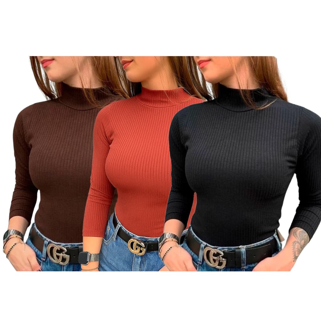 Kit 3 CACHARREL Feminina Gola Alta Canelado Inverno