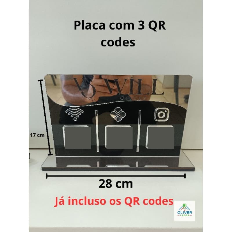 Placa 3 QR codes acrílico espelhado