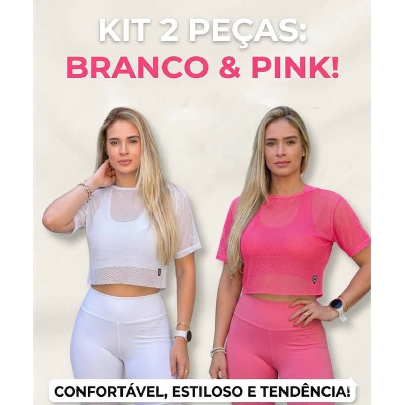 KIT 2 BLUSAS FEMININA PINK BRANCO TELA  ARRASTÃO TRANSPARENTE  ACADEMIA FITNESS TREINO SOBREPOSIÇÃO