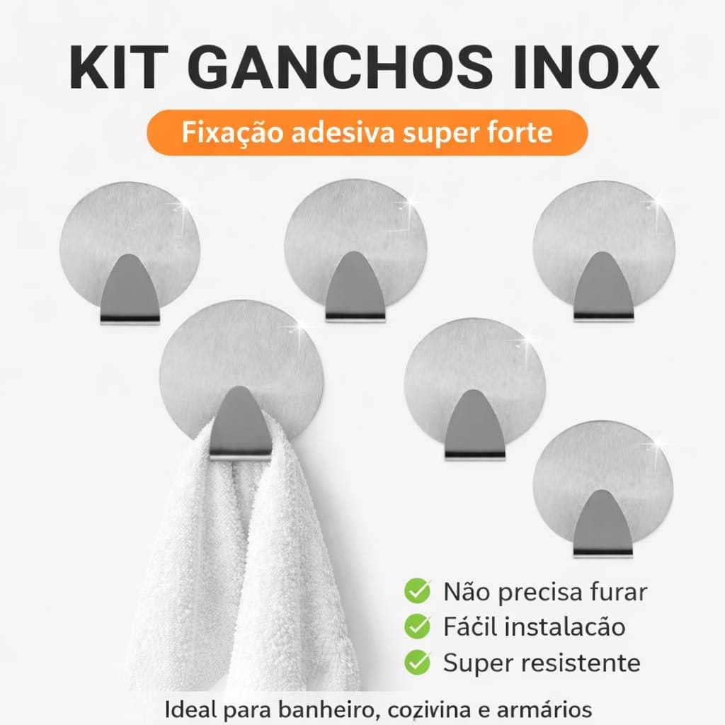 Kit Gancho Inox adesivo forte sem furo Banheiro Cozinha Multiuso