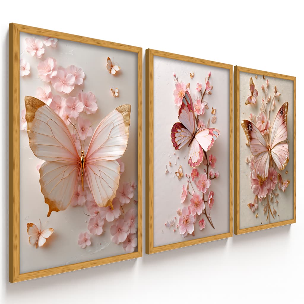 Quadros Borboletas e Flores Rosa Dourado Elegante Feminino Decoração Sala