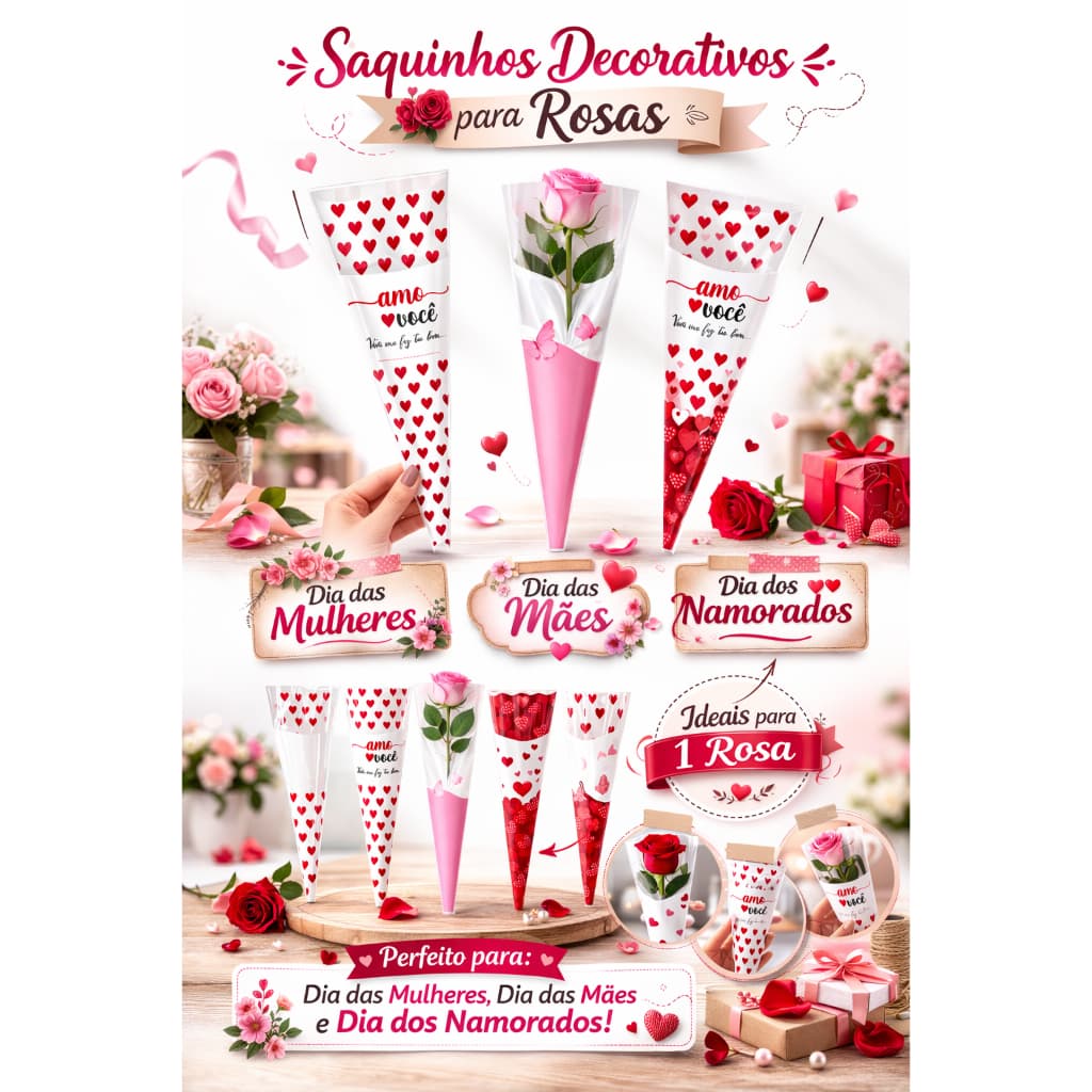 Kit 50/100 Sacos Cone Botão Rosas Embalagem Presente Dia das Mães Mulheres