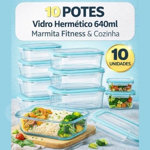 Conjunto 10 Potes Vidro Hermético Organizadores de Cozinha Mantimentos Marmita Travas 640ml