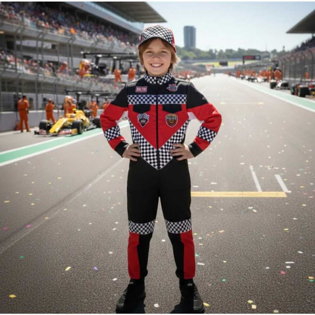 Fantasia Macacão Piloto de Fórmula 1 Infantil Ayrton Senna Quadriculado 2 pçs Macacão Boné Corrida Festa Aniversário