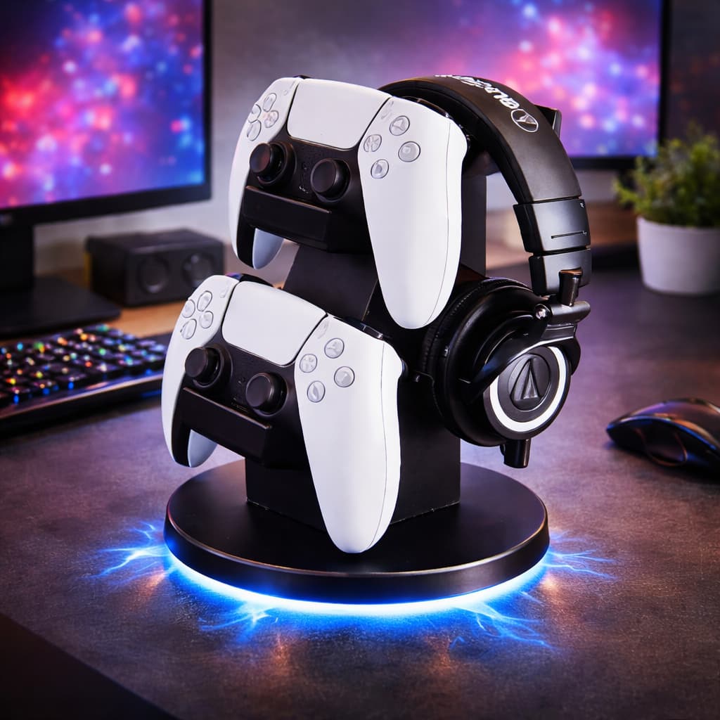 Suporte para 2 Controles + Headset Gamer PS5 PS4 Xbox Switch | Organizador de Mesa Antiderrapante Premium