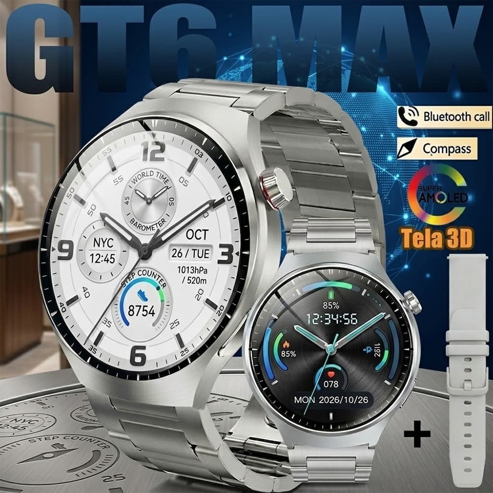 Relógio GT6 MAX Inteligente Masculino Tela 3D AMOLED HD Monitoramento da Frequência Cardíaca