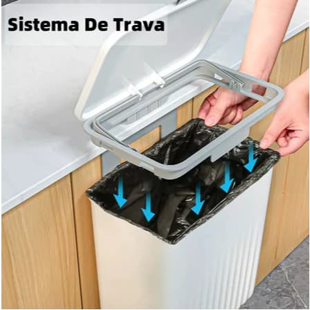 Lixeira Suspensa 9 Litros Com Tampa E Suporte Alto De Adesivos E Alça Para Cozinha E Banheiro
