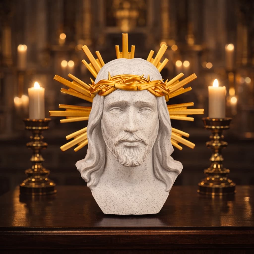 Escultura Sagrado Coração de Jesus 3D com Raio Dourado | Decoração Religiosa de Parede ou Mesa 17cm
