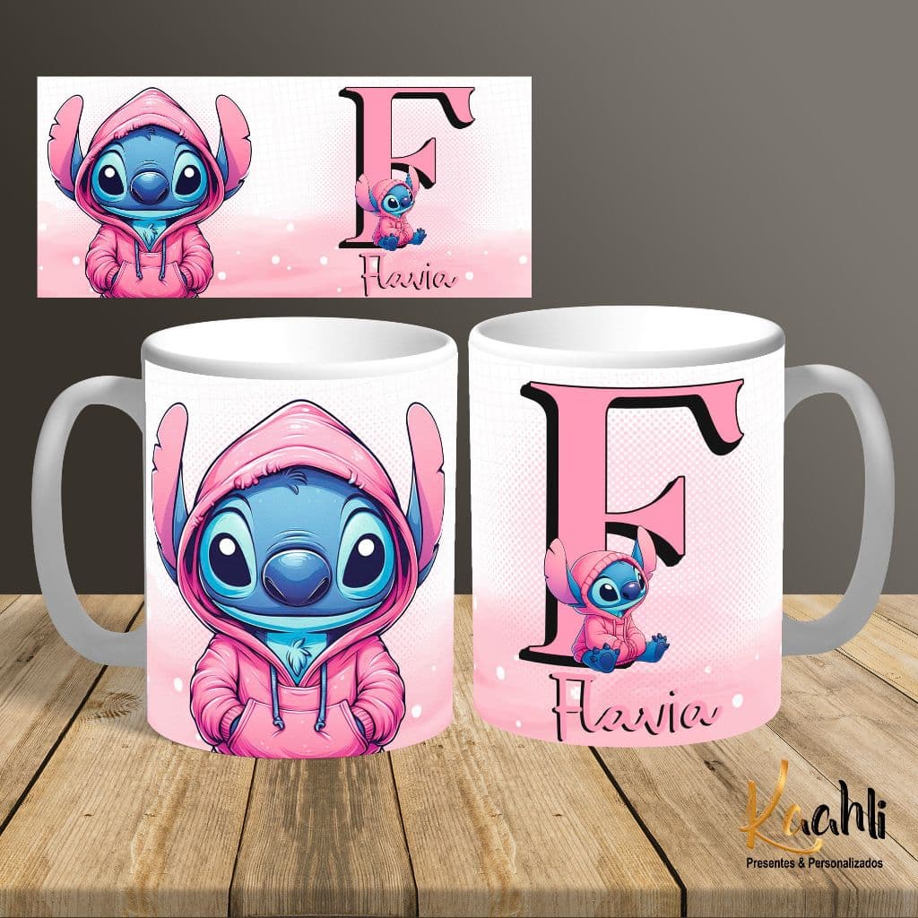 Caneca Xicara Stitch porcelana 325ml com Personalizacao de Nome Stitch rosa e azul presente perfeito
