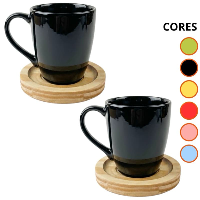 Jogo 2 Xícara Caneca Porcelana 260ml Com Pires De Madeira Redondo Varias Cores Cafe Cha