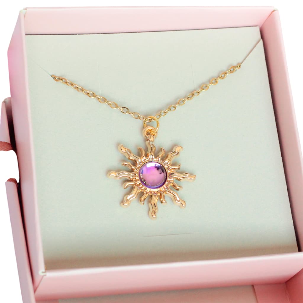 Colar Rapunzel Enrolados Lilás Aço Inox Raio Solar + Caixinha Rosa Laço