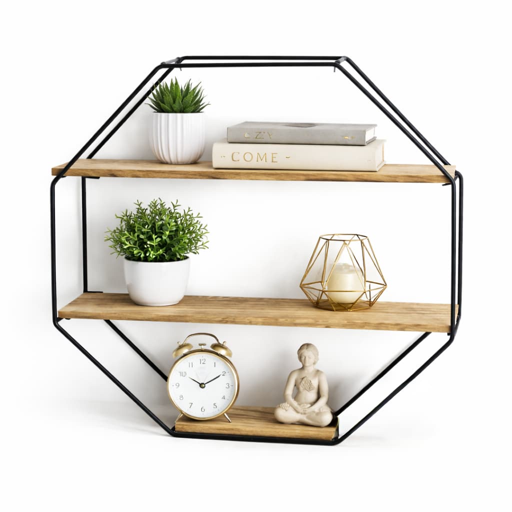 Nicho Hexagonal De Parede Metal Madeira Prateleira Decorativa