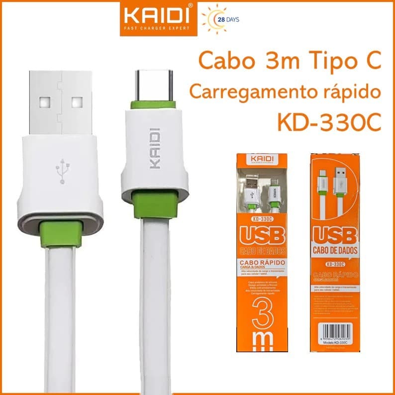 Cabo De Dados 3 Metros - Usb/tipo C Kaidi Kd330 Branco