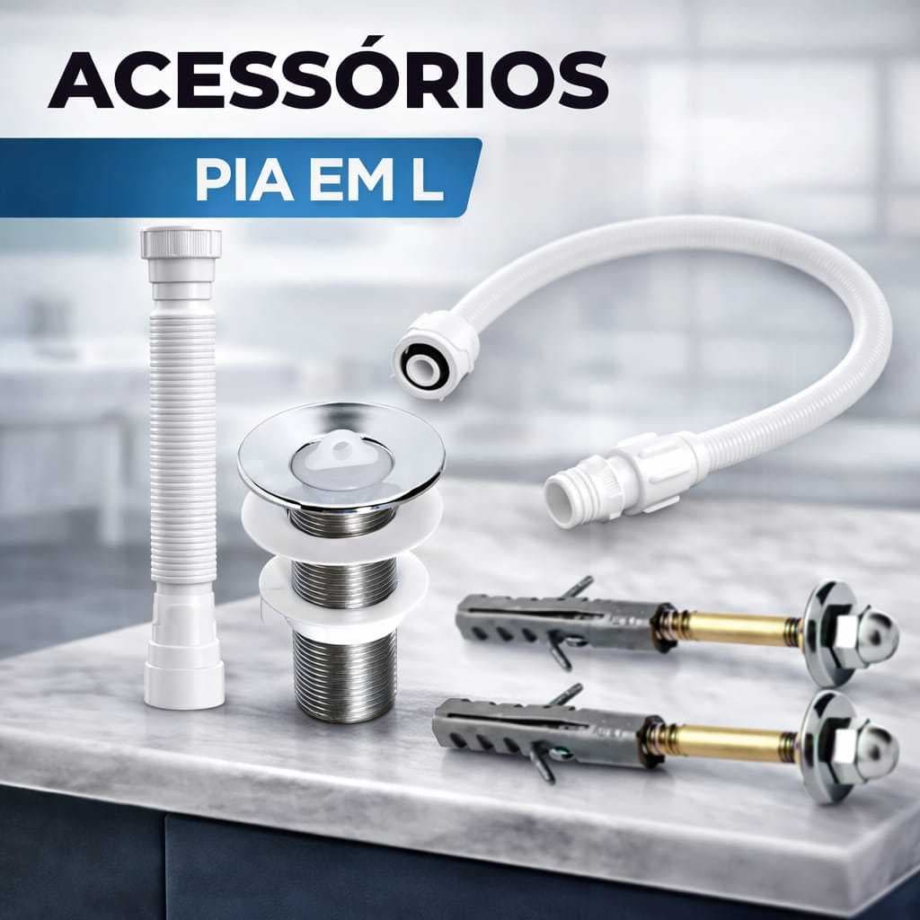 KIT INSTALAÇÃO PIA EM L COMPLETO / PARAFUSOS DE FIXAÇÃO + MÃO FRANCESA + VÁLVULA + SIFÃO + ENGATE / COMBO LAVATÓRIO