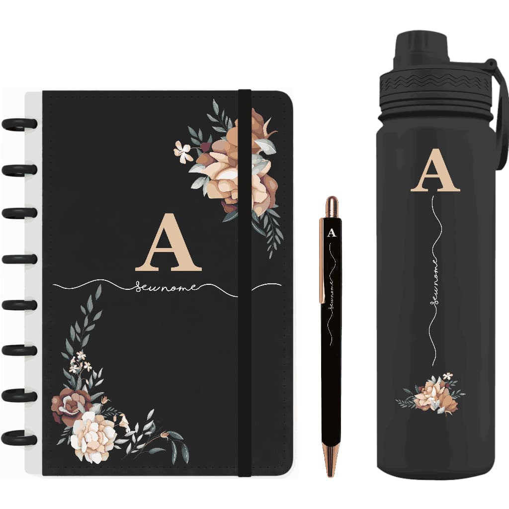 Kit Personalizados Caderno de Discos + Garrafa Fresh Térmica 550ml + Caneta - Kit Inicial - Preto - K04
