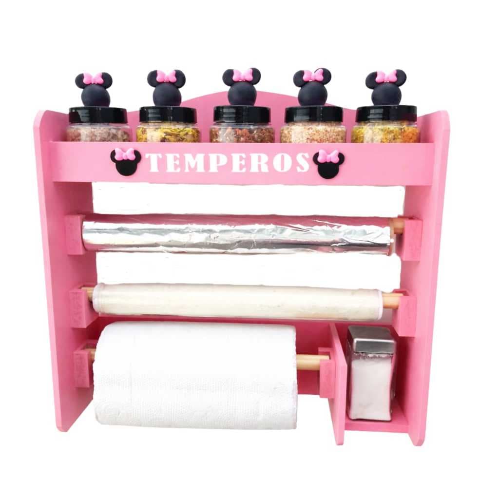 Porta temperos porta condimentos Minnie e mickey organizador de cozinha acompanha 5 potes decorados