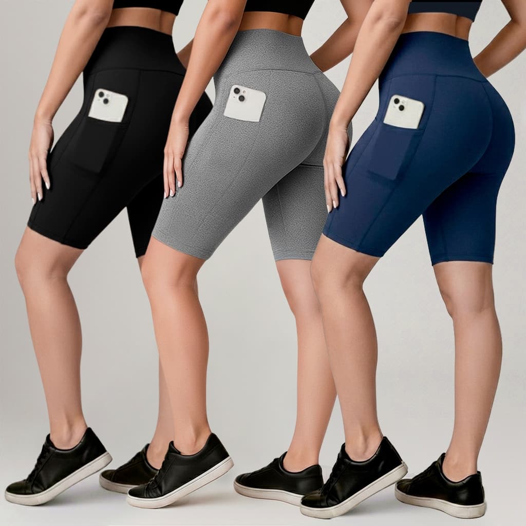 Kit 3 Shorts Legging Feminino Bermuda Cintura Alta Com Bolso