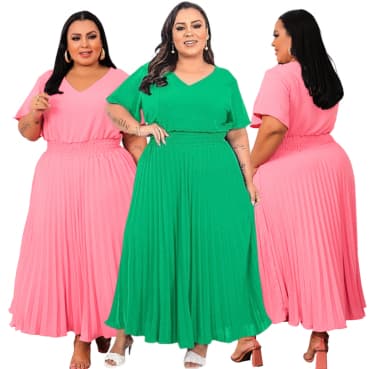 Vestido Feminino Longo Plissado Plus Size Gola V Elegante