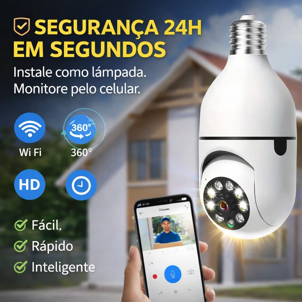 Câmera Lâmpada WiFi 360° Full HD Visão Noturna Colorida IP Segurança App Áudio Bivolt