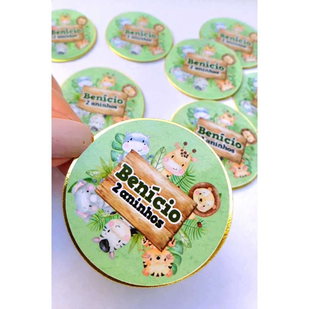 Aplique Tag  Safari com nome e idade 2D em Camadas Dourado 5X5- Tag Personalizados Festa Safari