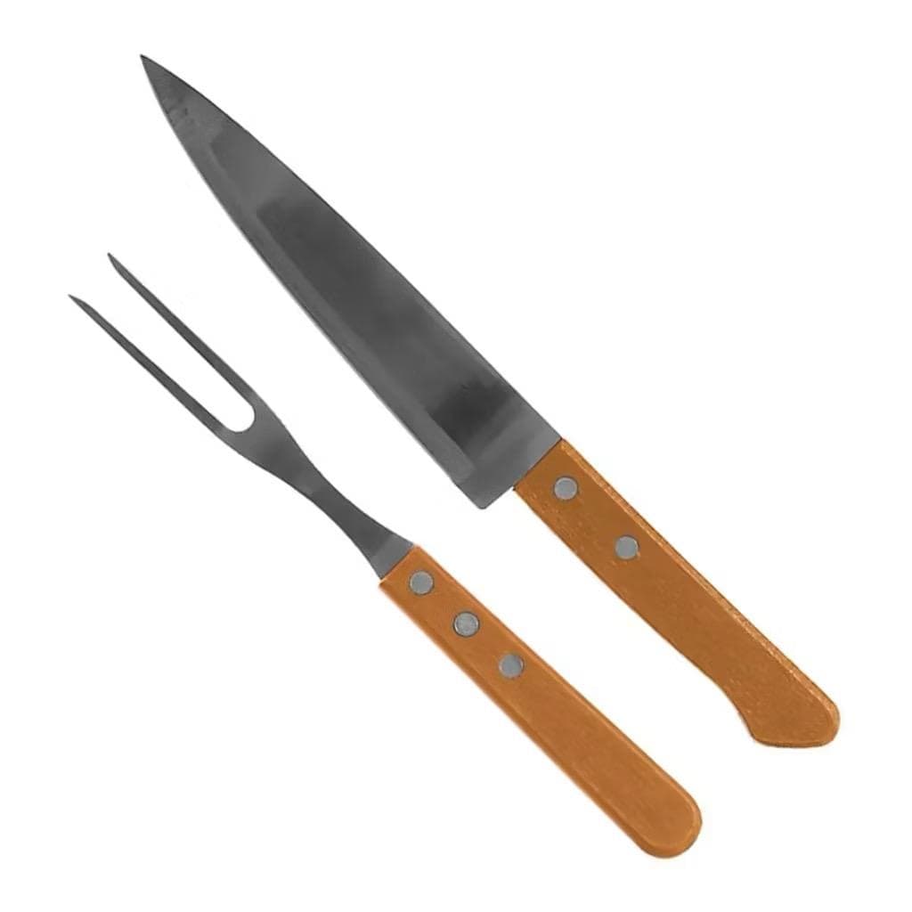 KIT CHURRASCO PROFISSIONAL 2 PEÇAS FACA E GARFO TRINCHANTE 30CM CABO MADEIRA AÇO INOX