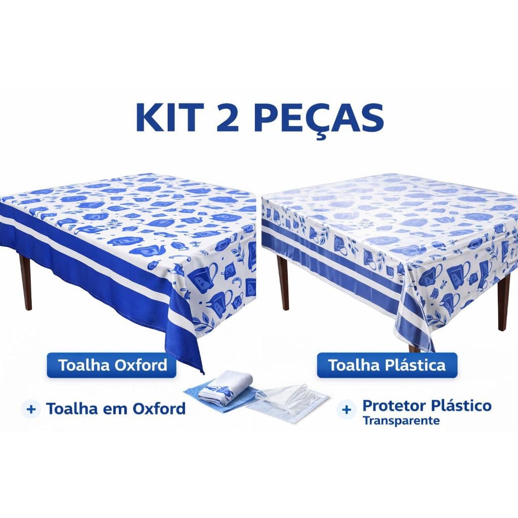 Kit Toalha de Mesa Oxford + Toalha Protetor De Plástico Transparente Impermeável Mesa 4 e 6 Lugares