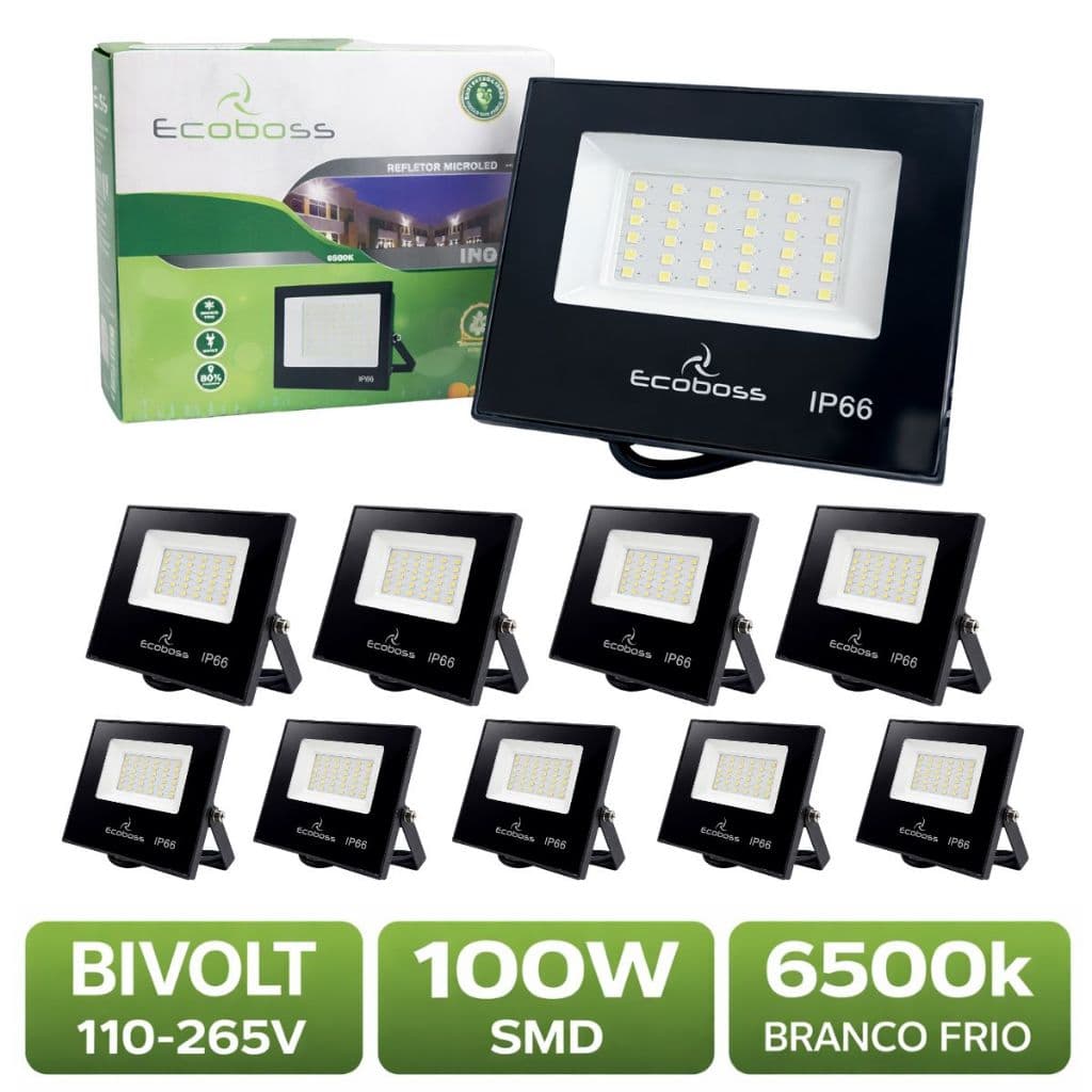 Kit 10 Refletores Holofote LED 100W | Branco-Frio Proteção IP66 Bivolt  - Ecoboss