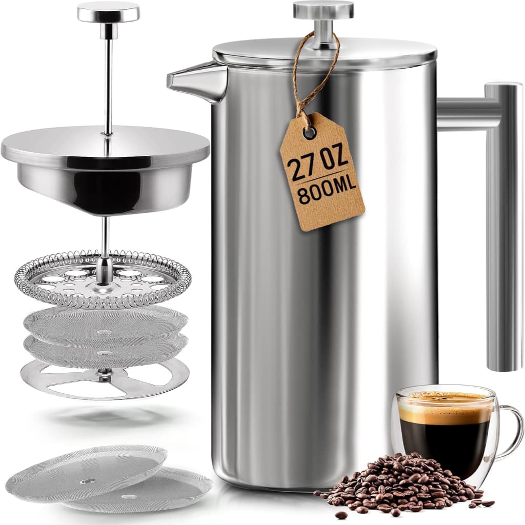Cafeteira Prensa Francesa 4 Níveis Filtração | Aço Inoxidável 800ml | Eficiente Para Café Chá | Manual | Prensas Frances