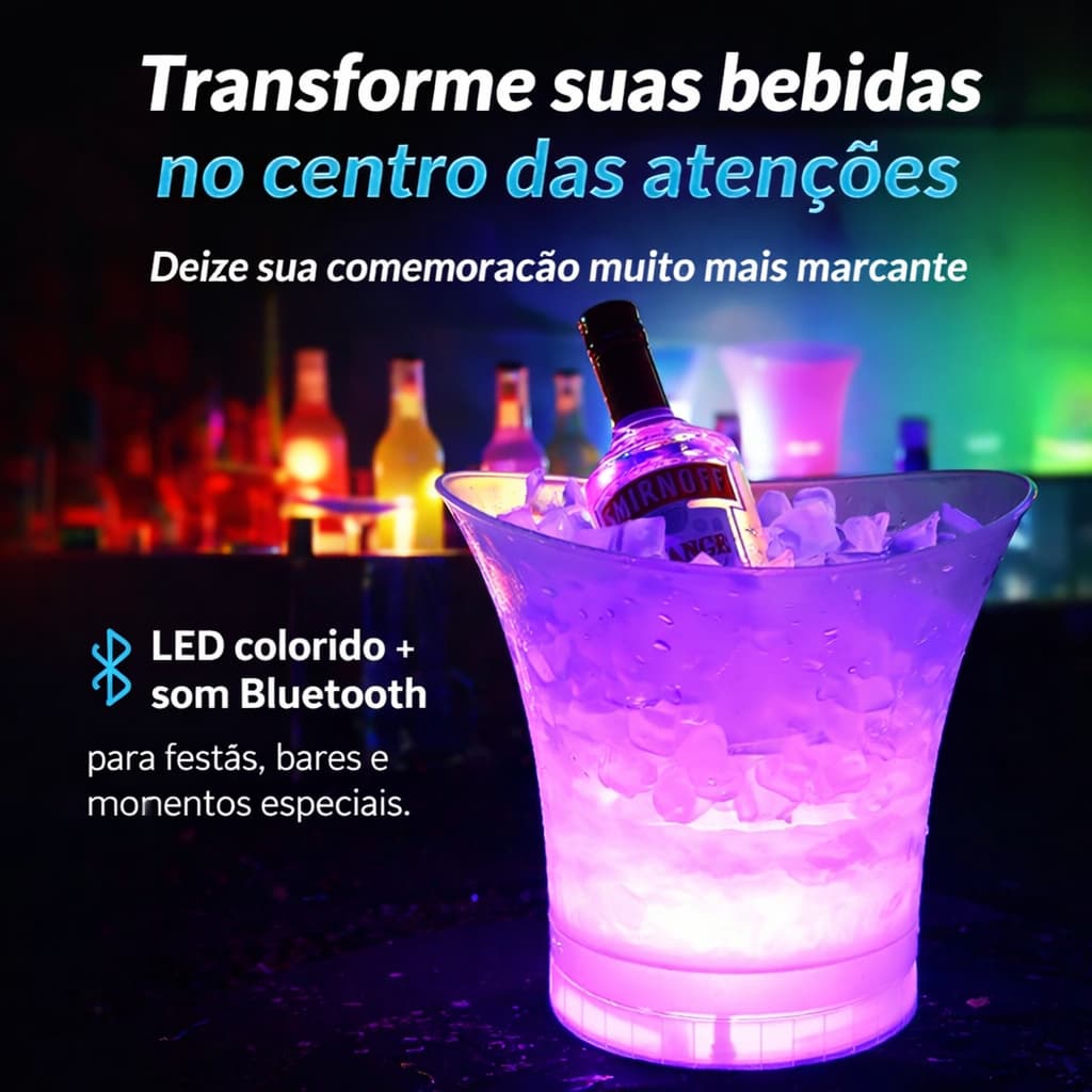 Balde de Bebidas com LED Caixa de Som Bluetooth Portátil Festa 6,5L Branco Festas Comemorações