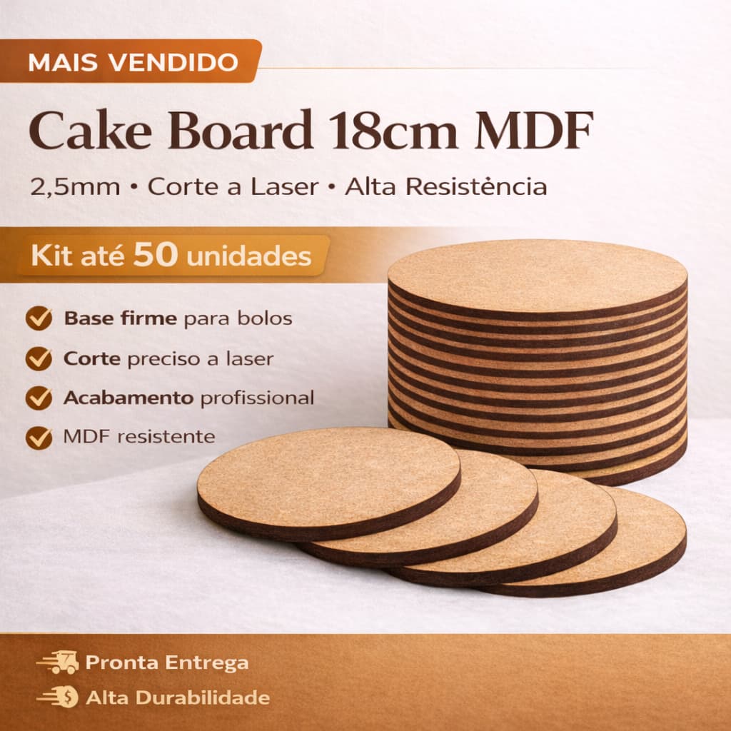 CakeBoard 18cm MDF Cru Corte Laser 2,5mm Base Bolo Tábua Frios Acabamento Premium Kit