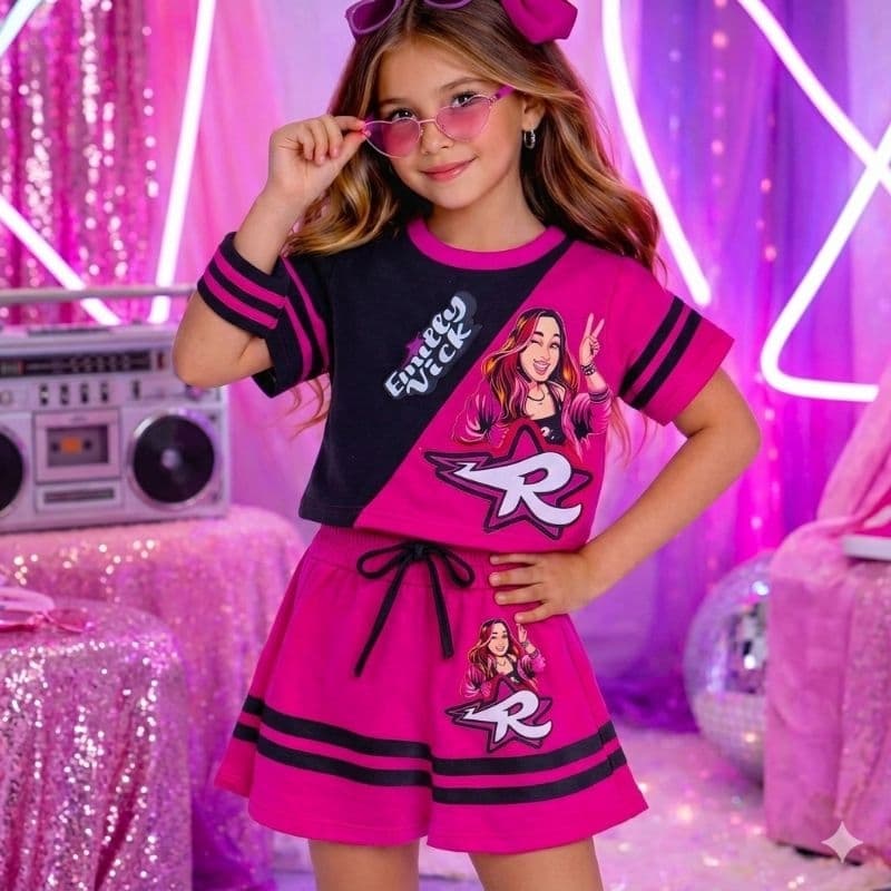 Conjunto Infantil Emilly vick Blogueirinha Cropped + Short Saia  Moletinho Leve Meia Estação com Elastano e Cordão