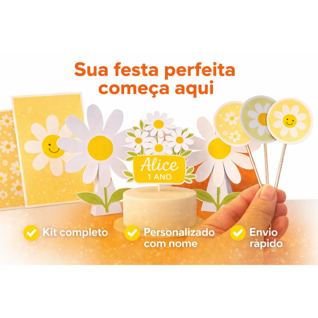 Kit Festa Margaridas Personalizado | Topo de Bolo + Caixinhas + Displays | Mesversário | Festa Infantil