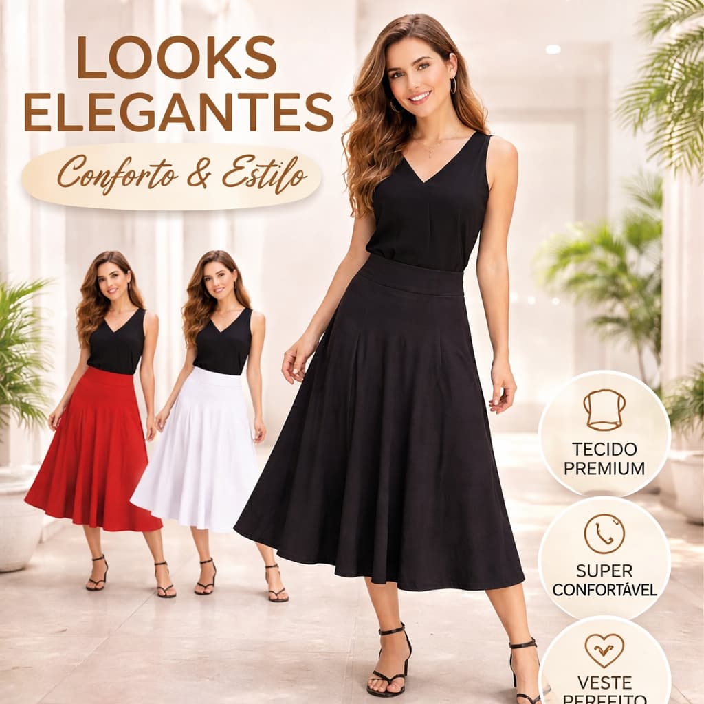 Saia Midi Suplex Lisa Feminina Cintura Alta Rodada Evase Casual Confortável Elegante