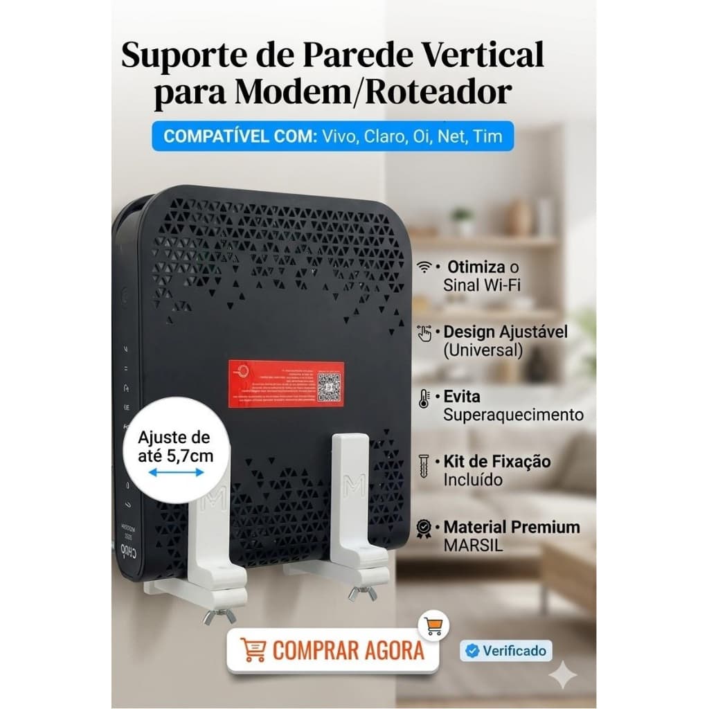 Suporte Vertical Ajustável para Roteador e Modem Universal Fixação na Parede Organização WiFi
