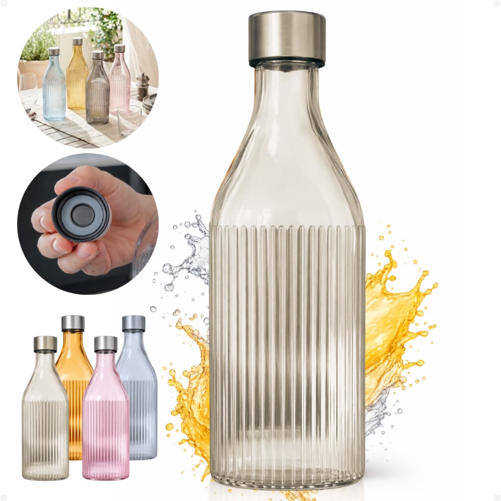 Garrafa De Vidro Scotch 1 Litro Quadrada Canelada Tampa Inox Água Suco Para Geladeira Cinza