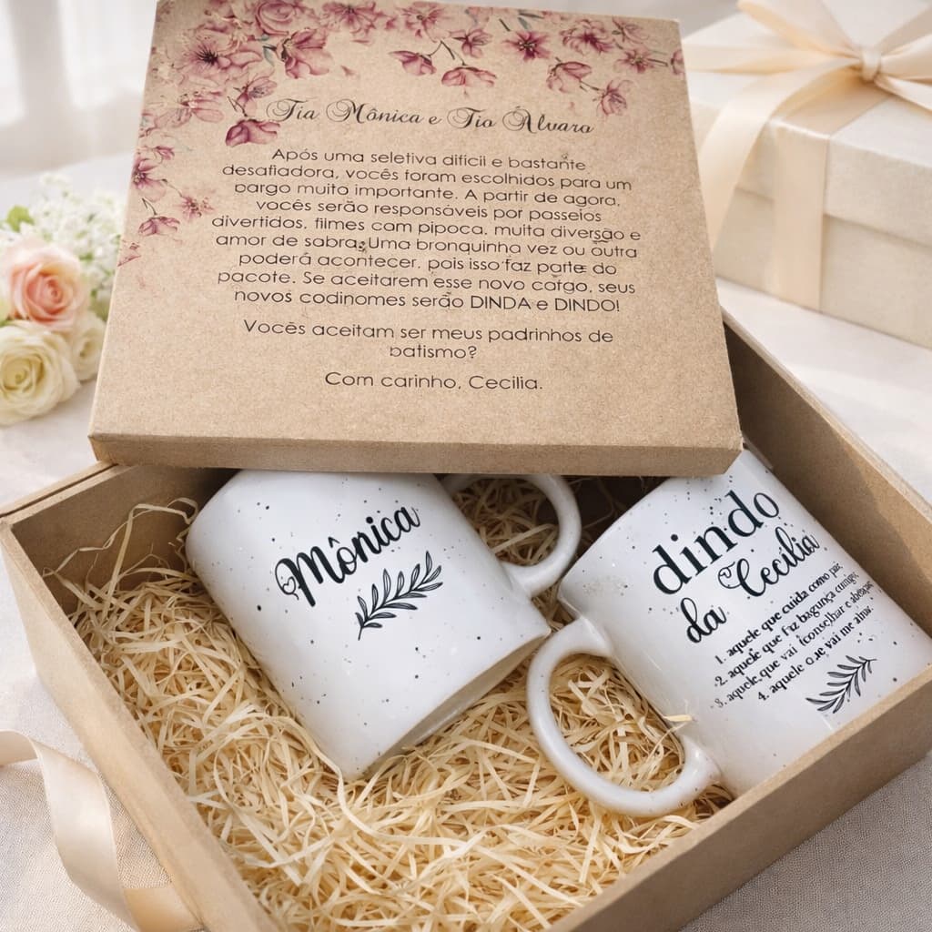 Convite para Padrinhos de Batismo Kit com Canecas Personalizadas Com Nome Luxo