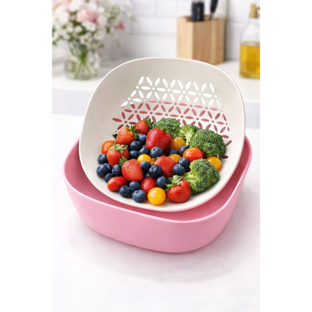 Escorredor De Alimentos Com Tigela 2 Em 1 Lava E Escorre Frutas Legumes Rosa/Azul