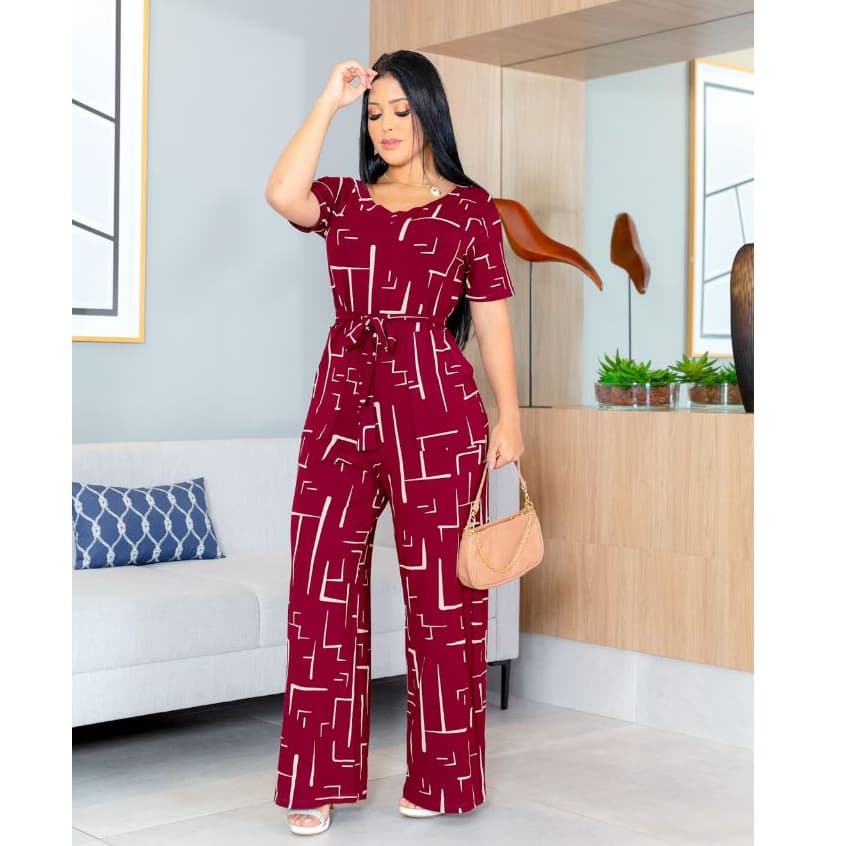 MACACÃO FEMININO PANTALONA COM CINTO MANGA CURTA E BOLSO FUNCIONAL ESTAMPADO