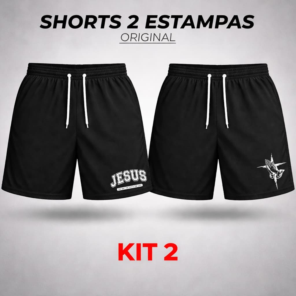 Shorts Tactel Estampado Kit 2 Masculino Jesus Escrita Fé Secagem Rápida e Leve Lazer Academia