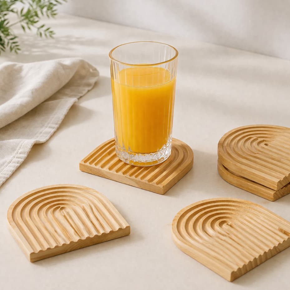 Kit 4 Porta Copos de Bambu Aura Lyor 10x11cm | Proteção Elegante para Mesa e Café