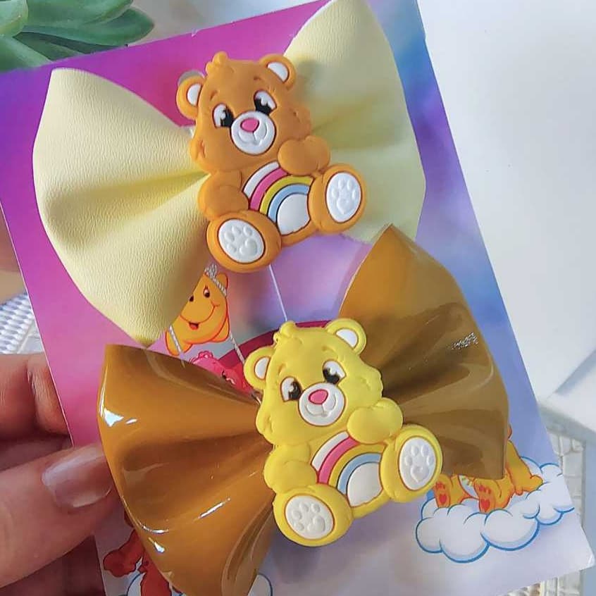 Laço Infantil Ursinhos Carinhosos, Par de Laços Cabelo Menina, Cores Verde, Amarelo e Laranja