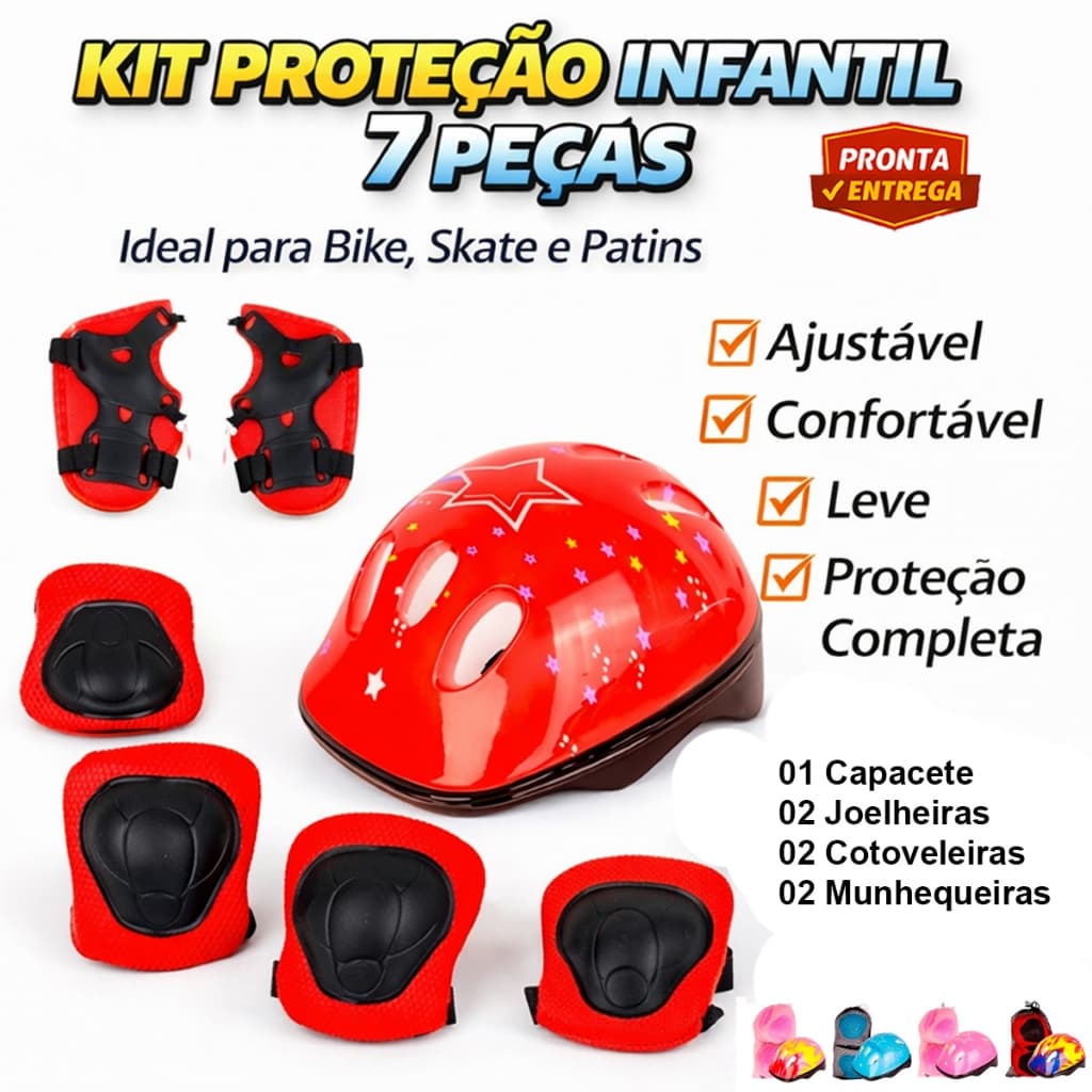 7 Peças Proteção Infantil Completo Capacete Joelheira Cotoveleira Munhequeira Esporte Criança