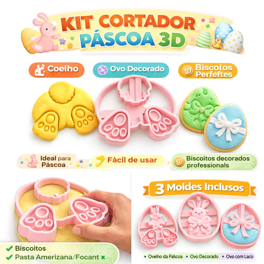 🐰🍪 Kit Cortador de Biscoito Páscoa 3D – Coelho e Ovo Decorado