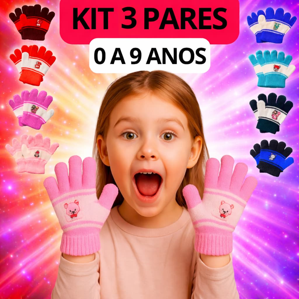 Kit 3 Pares de Luva Infantil Menina Menino Quentinha Confortável Inverno Frio