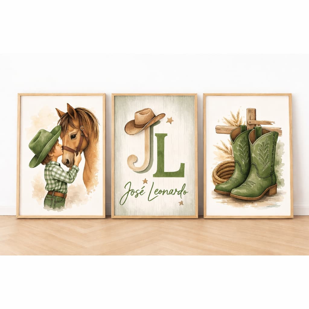 Quadros Decorativos Cowboy Verde Cavalo Nome Personalizado Botas Menino Menina Infantil Criança Fofo