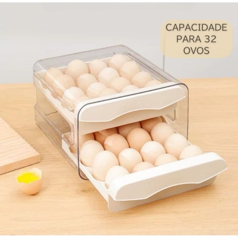 Organizador de Ovos Geladeira 32 Ovos Gaveteiro Empilhável Porta Ovos Duplo Transparente